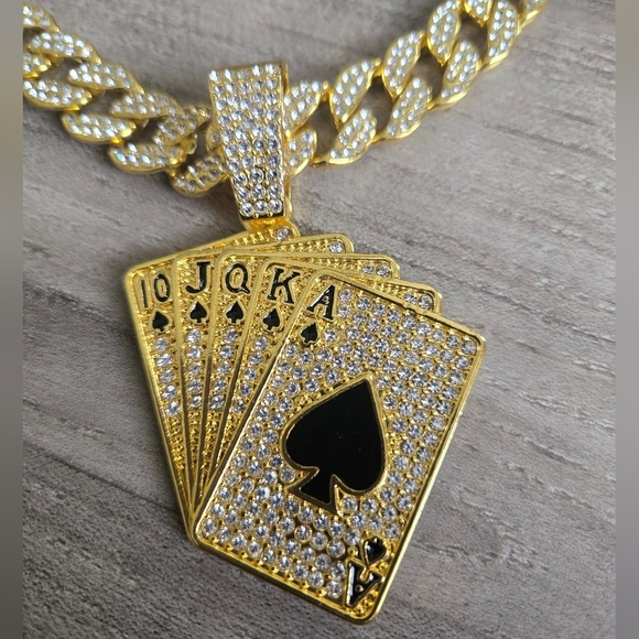 Hip Hop Iced Out Fully Rhinestone Gold Card Pendant & Cuban Chain Necklace 18" - Picture 7 of 13